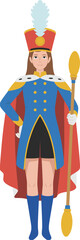 Cartoon female drum major in marching band uniform, royal spirit theme, baton leader, parade performer, band leader illustration, spotlight.