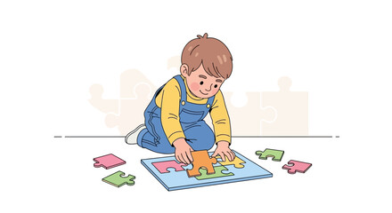 Child Assembling Puzzle: Illustration Of Joy And Concentration During Playtime