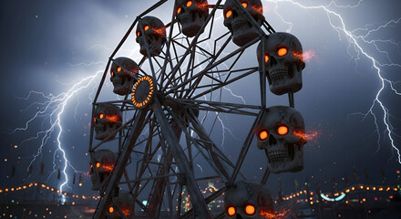 Terrifying skull Ferris wheel with glowing eyes and lightning strikes creates a spooky carnival atmosphere