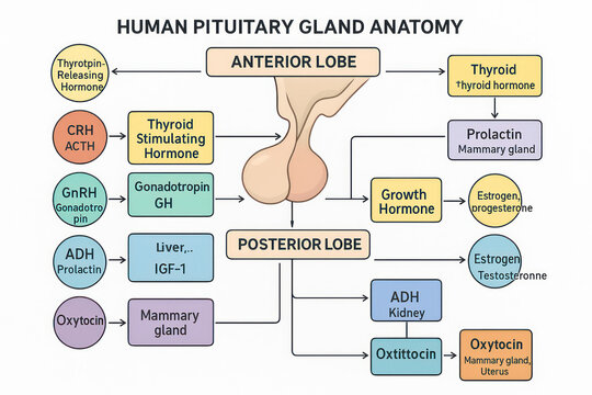 Human Pituitary Gland Anatomy Illustration, showing the anterior and posterior lobes and hormone interactions.