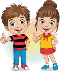 Happy cartoon kids giving thumbs up, smiling boy and girl characters, cheerful children, playful pose, colorful clothes, vector illustration.