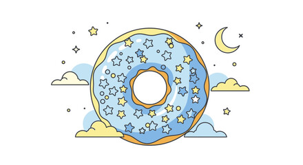 Celestial Donut: A Sweet Treat Under Stars and Crescent Moon in Vector Illustration