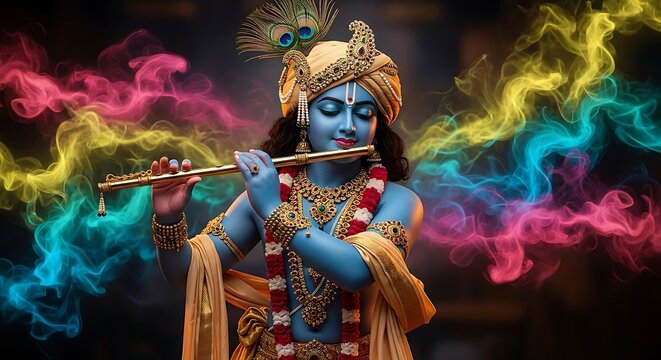 Krishna playing flute amidst colorful smoke Hindu god
