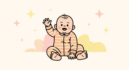 Charming Infant Illustration Waving And Smiling With Decorative Elements In Background
