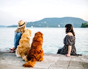 Two women and two dogs enjoying a lakeside view
