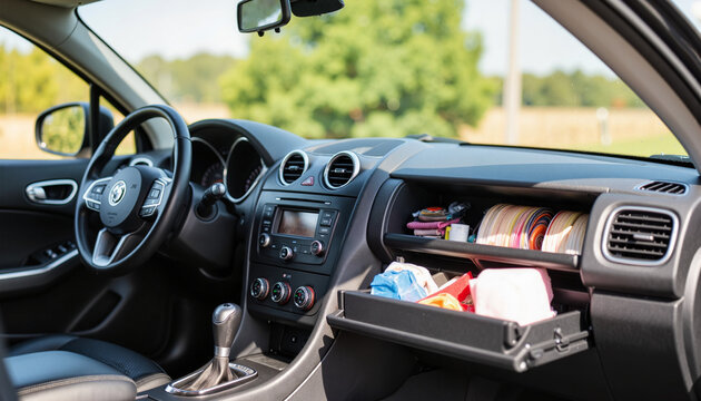 Interior view of a car dashboard with open glove compartment  