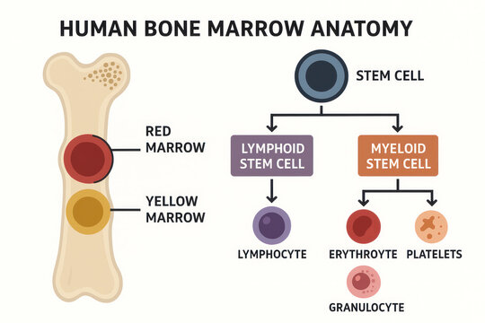 Human Bone Marrow Anatomy Diagram, Illustration of Stem Cell Differentiation [Illustration]