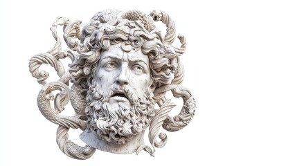 A detailed marble sculpture depicting a powerful mythical figure with flowing hair and serpents entwined.