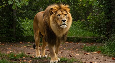 A powerful adult Asiatic lion (Panthera leo persica), a critically endangered species, stands alert on dirt and grass terrain with foliage background