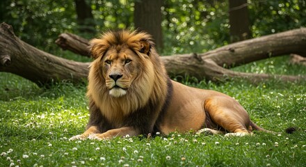 A majestic Asiatic lion (Panthera leo persica), a critically endangered species, rests on lush green grass with wildflowers, surrounded by woodland foliage and dappled sunlight