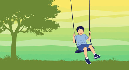 Child Enjoying Sunlight While Swinging on a Swing Set in a Pleasant Green Environment