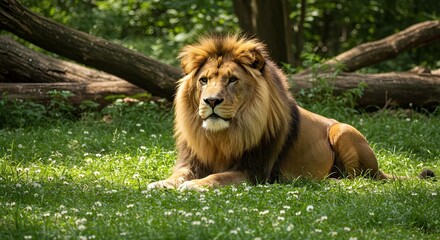 A majestic Asiatic lion (Panthera leo persica), a critically endangered species, rests on lush green grass with wildflowers, surrounded by woodland foliage and dappled sunlight