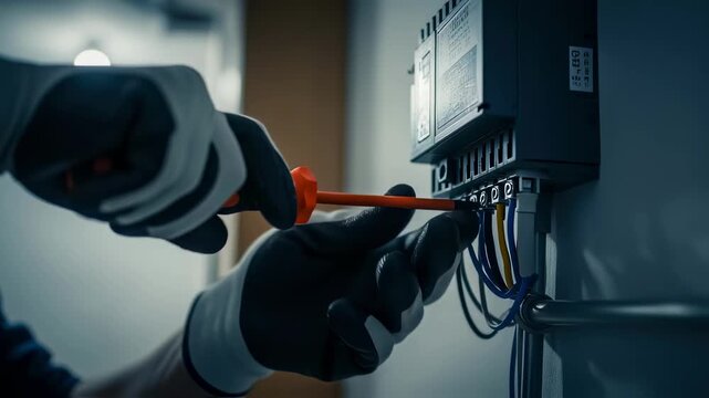 Hands holding insulated screwdriver securing connections on a wholehouse surge suppressor unit during a residential electrical upgrade.