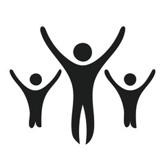 "Family Unity Icon – Black Silhouette of Three Figures with Raised Arms, Central Adult Flanked by Children – Stylized Minimal Vector Representing Support, Celebration, Inclusion, and Togetherness – Id