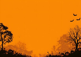 Silhouette of bare trees and distant birds against a vibrant warm orange sky at dusk