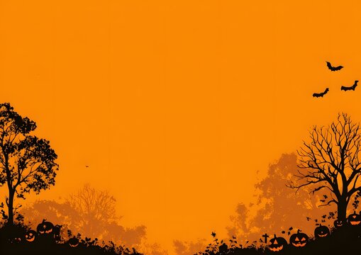 Silhouette of bare trees and distant birds against a vibrant warm orange sky at dusk