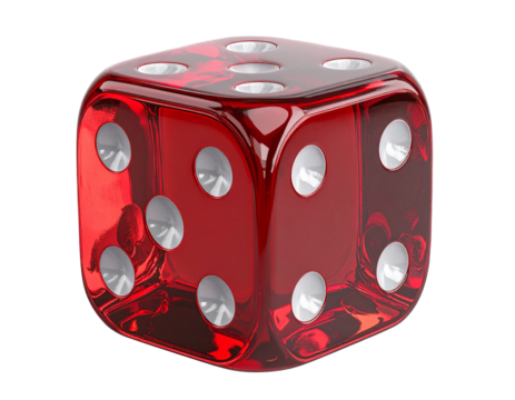 Single Red Transparent Dice with Glossy Reflection, 3D Perspective, Isolated