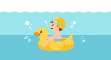 Obraz premium Child in a Yellow Duck Inflatable Enjoying a Swim in the Water for Summer Fun