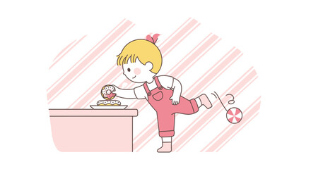 Child In Pink Overalls Reaches For Donut Next To Yo-yo In Cartoonish Style