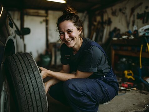 Joyful female mechanic in blue overalls with her hair in a bun smiling while working on a car tire.