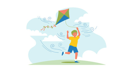 Obraz premium Child Joyfully Flying Kite On Sunny Day Against Whimsical Background
