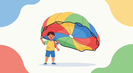 Cheerful Child Shows Creative Play Using A Colorful, Patterned Parachute, Expressing Joy
