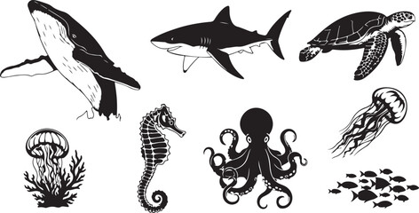 Black and White Marine Life Assortment Whale Shark Turtle Seahorse Octopus Jellyfish School of Fish Silhouette Art