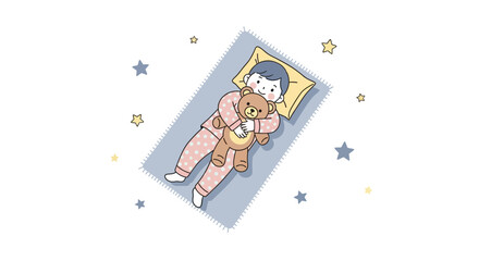 Obraz premium Child Lying Down Cuddling Teddy Bear While Dreaming During The Evening Sleep