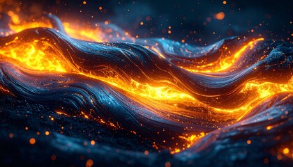 Glowing river of molten lava flowing through a dark blue, textured landscape with sparkling particles.