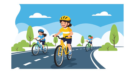 Naklejka premium Cheerful Cyclists Enjoying a Sunny Ride: Family Fun and Outdoor Adventures