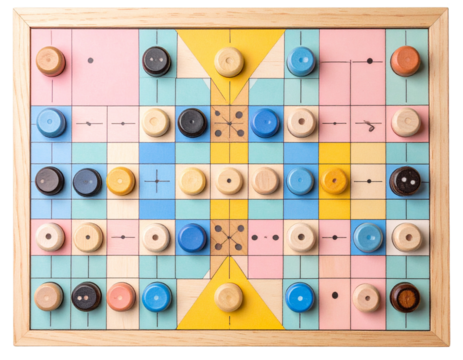 Minimalist Ludo Setup with Simplified Geometric Design, Flat Lay, Isolated