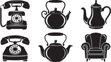 Vintage Charm A Silhouette Collection of Telephones, Teapots, and an Armchair Evoking Nostalgia and Timeless Elegance