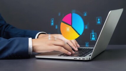 Business professional analyzing data on a laptop with a colorful pie chart overlay in a modern office - Powered by Adobe
