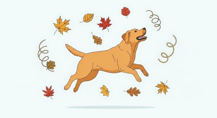 Happy Yellow Labrador Dog Jumping Playfully with Colorful Autumn Leaves in a Cute Cartoon Vector Illustration