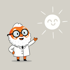 Cartoon scientist pointing towards a smiling sun weather concept.
