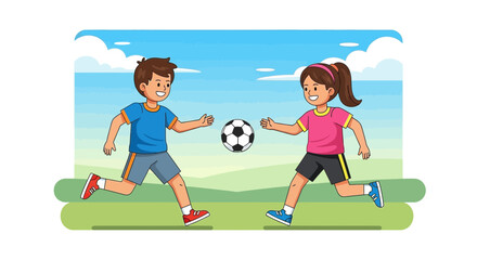 Obraz premium Cheerful Kids Playing Football Outdoors in Animated Illustration Style For Sport Themes