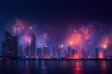 Dazzling Fireworks Display Over Modern City Skyline Reflecting on Dark Water at Night.