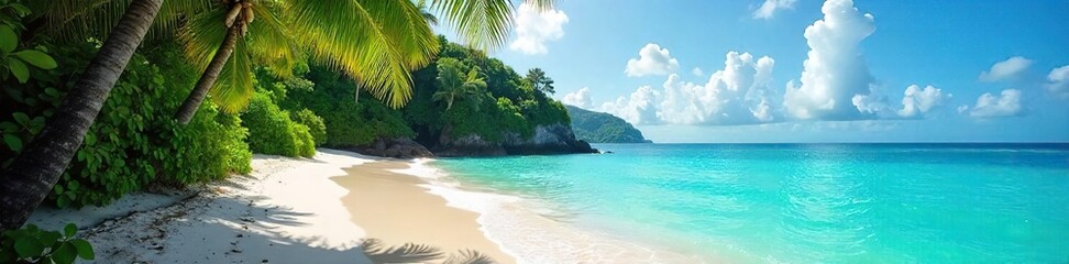 Lush green rainforest meets pristine white sand beach  Sunlight filters through the canopy, illuminating the turquoise ocean  Tranquil escape, nature's paradise ,  sunlight,  escape