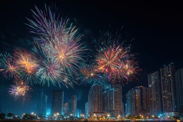 Obraz premium Dazzling Fireworks Display Over City Skyline at Night, Festive Celebration.