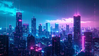 Futuristic Neon Cityscape at Night with Digital Rain
