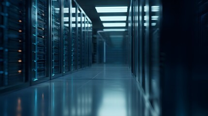 Modern server racks in a data center under LED lights