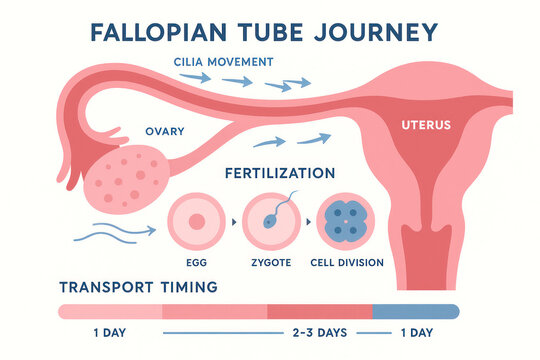Fallopian Tube Journey: Illustration of fertilization, egg transport, and female reproductive system anatomy. [Illustration]