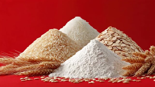 Shifting patterns of flour, rice, and oats with wheat stalks on vibrant red background