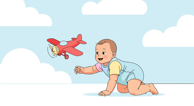 Childhood Dreams Soar: Young Explorer Reaches for Toy Airplane in Clouded Skies