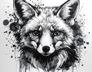 Detailed black and white fox portrait, ink splatter effect