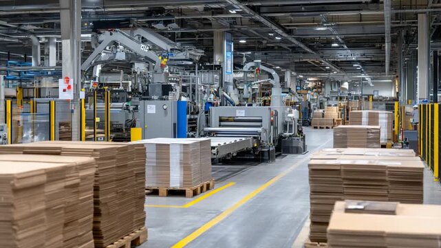 Explore a modern factory where industrial machines and robotic arms efficiently produce and package thick paperboard and cardboard sheets.