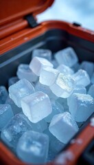 Close-up of ice cubes in a well-insulated cooler, preserving freshness and coldness Ideal for camping, picnics, or transporting perishable goods , icebox, travel