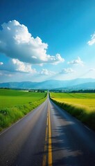 Serene country road disappearing into the hazy horizon over rolling farmland under a vast blue sky Perfect for travel, nature, and rural themes , farmland, landscape