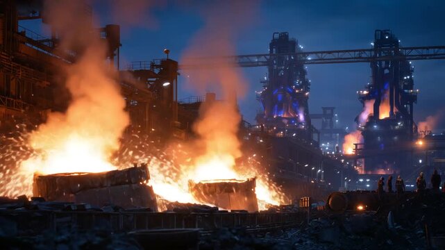Experience the intense atmosphere of a metallurgical plant with molten metal, fiery sparks, and towering furnaces under dim orange lighting.