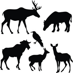 A Wildlife Silhouette Collection Featuring Majestic Elk, Curious Deer, a Stately Moose and a Solitary Raven